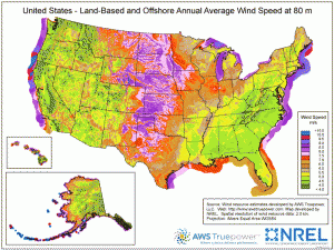 US Land-based and Offshore Annual Anerage Wind Speed at 80m